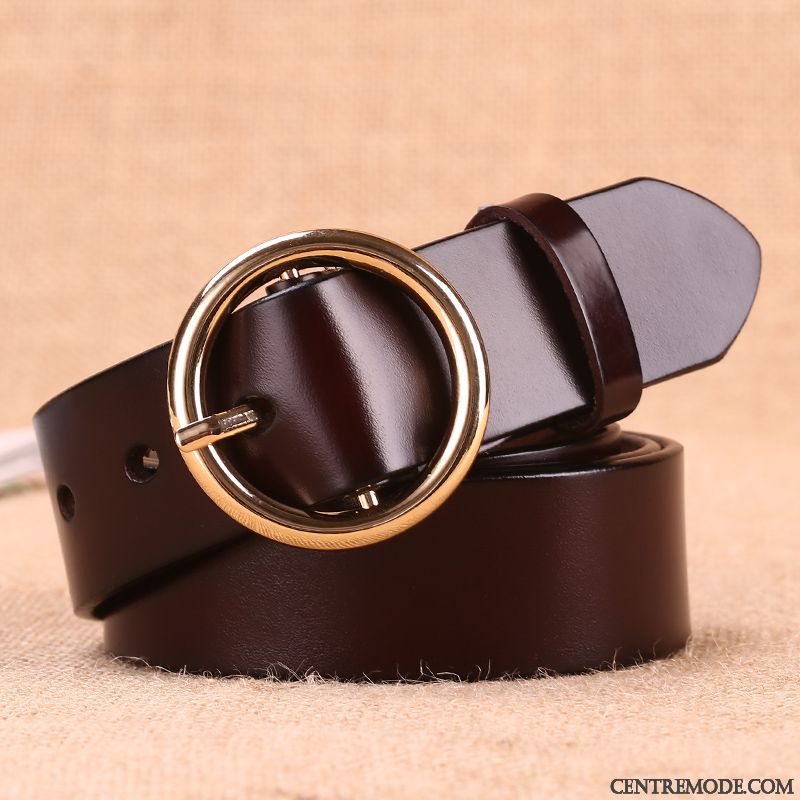 Ceinture Femme Mode Rétro Bague All-match Cuir Véritable Simple Noir Brun