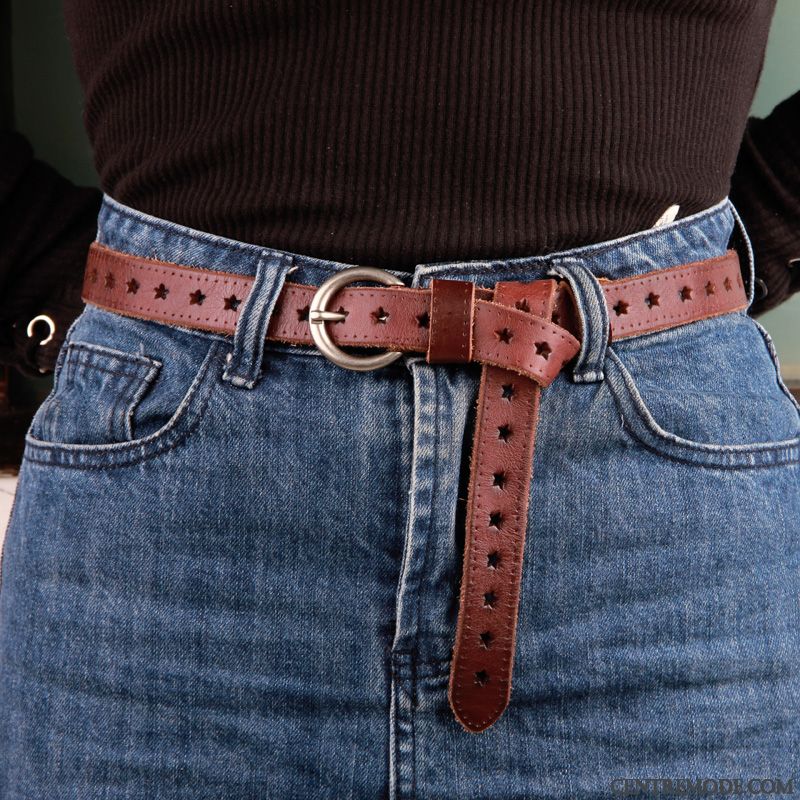 Ceinture Femme Simple Cuir Pure Jeans Cuir Véritable Loisir Creux Brun