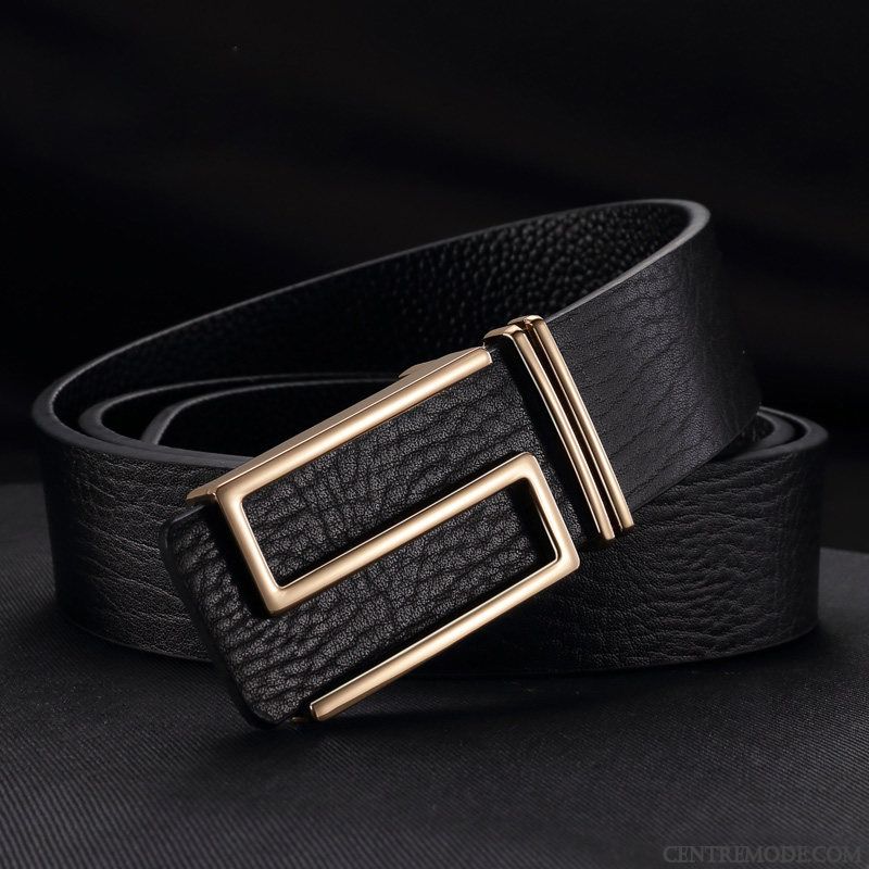 Ceinture Homme All-match Tendance Cuir Véritable Mode Lisse Lettre Jaune Or