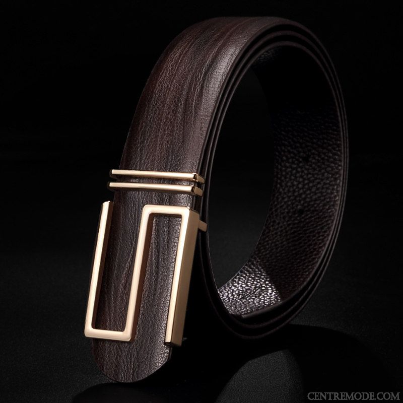 Ceinture Homme All-match Tendance Cuir Véritable Mode Lisse Lettre Jaune Or