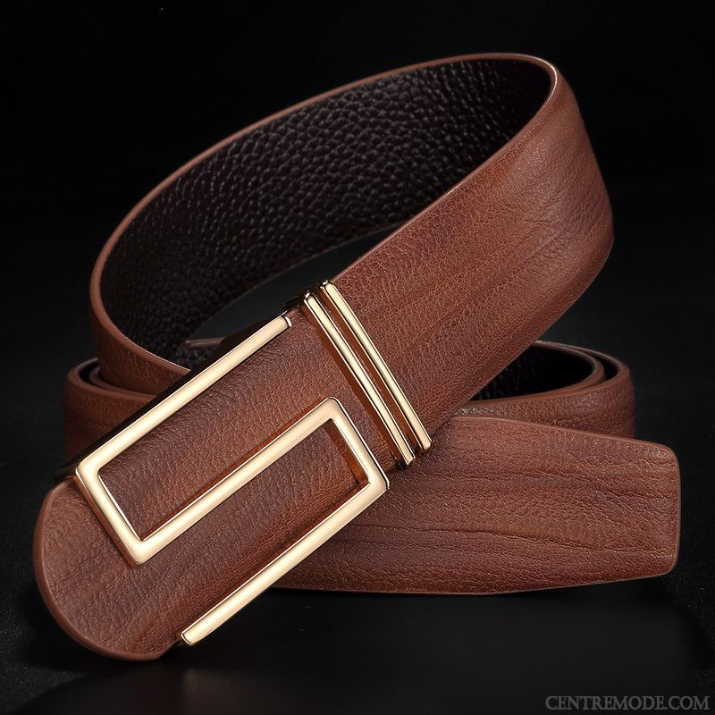 Ceinture Homme All-match Tendance Cuir Véritable Mode Lisse Lettre Jaune Or