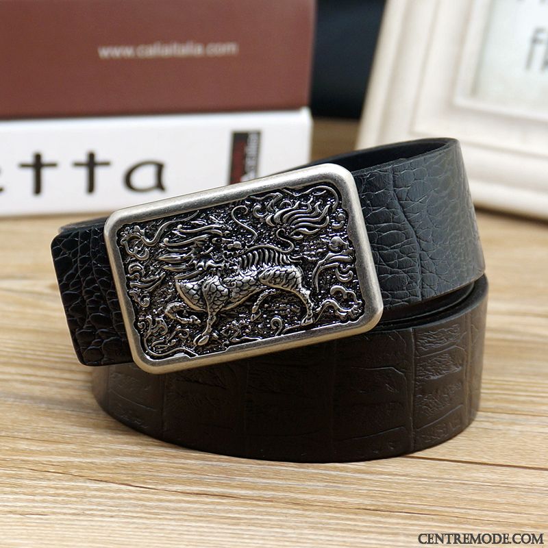 Ceinture Homme Couche De Tête Cuir De Vache Lisse Crocodile Modèle Cuir Véritable Rétro Marron Or