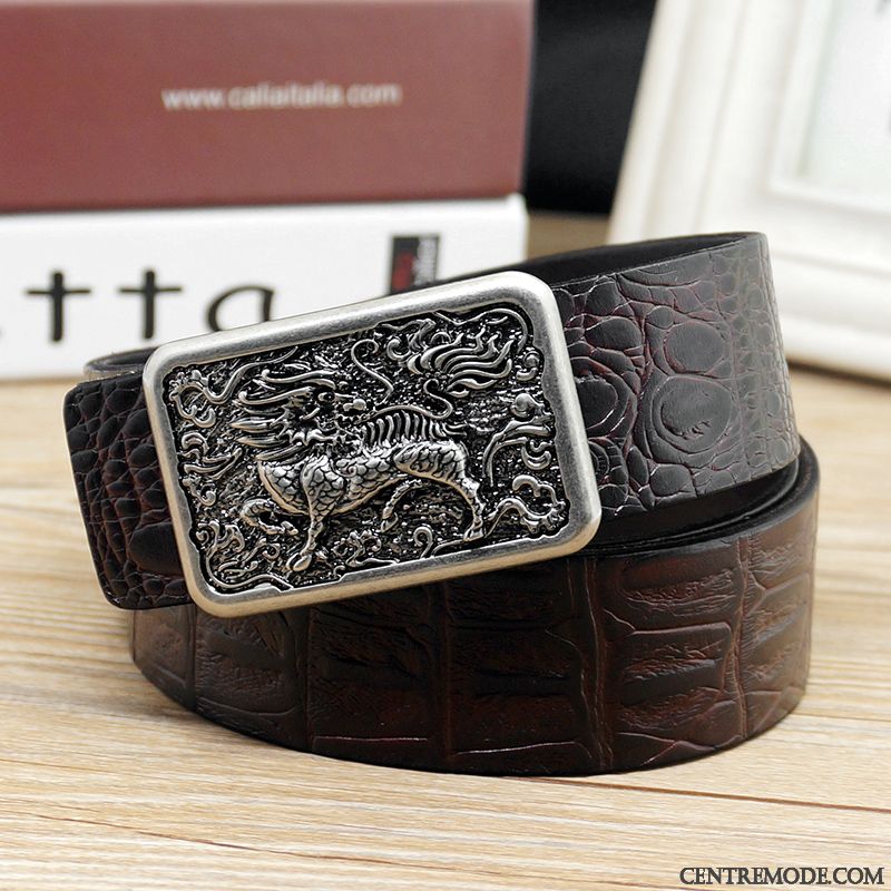 Ceinture Homme Couche De Tête Cuir De Vache Lisse Crocodile Modèle Cuir Véritable Rétro Marron Or