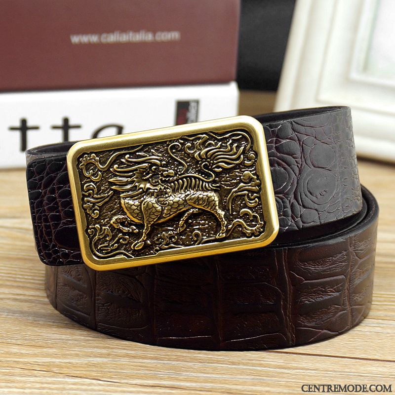 Ceinture Homme Couche De Tête Cuir De Vache Lisse Crocodile Modèle Cuir Véritable Rétro Marron Or