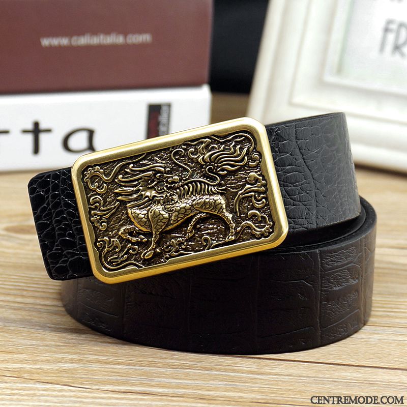 Ceinture Homme Couche De Tête Cuir De Vache Lisse Crocodile Modèle Cuir Véritable Rétro Marron Or