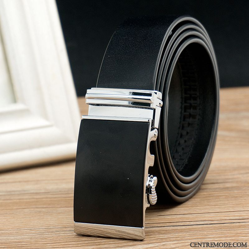 Ceinture Homme Cuir De Vache Âge Moyen Entreprise Couche De Tête Boucle Automatique Cuir Véritable Noir