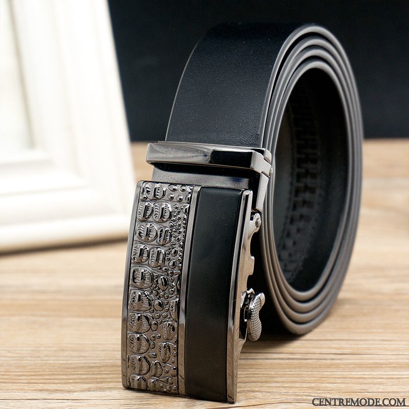 Ceinture Homme Cuir De Vache Âge Moyen Entreprise Couche De Tête Boucle Automatique Cuir Véritable Noir