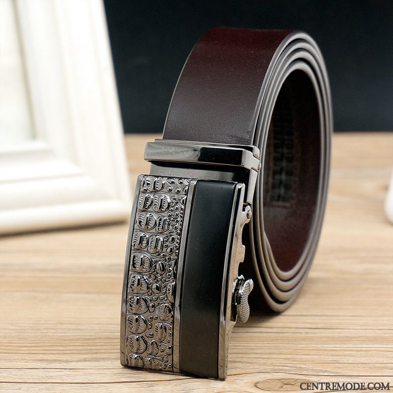 Ceinture Homme Cuir De Vache Âge Moyen Entreprise Couche De Tête Boucle Automatique Cuir Véritable Noir