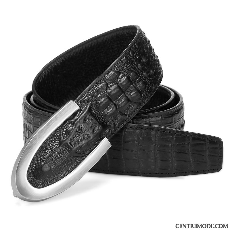 Ceinture Homme Cuir Véritable Lettre Jeune Crocodile Modèle Lisse Personnalité Noir Brun