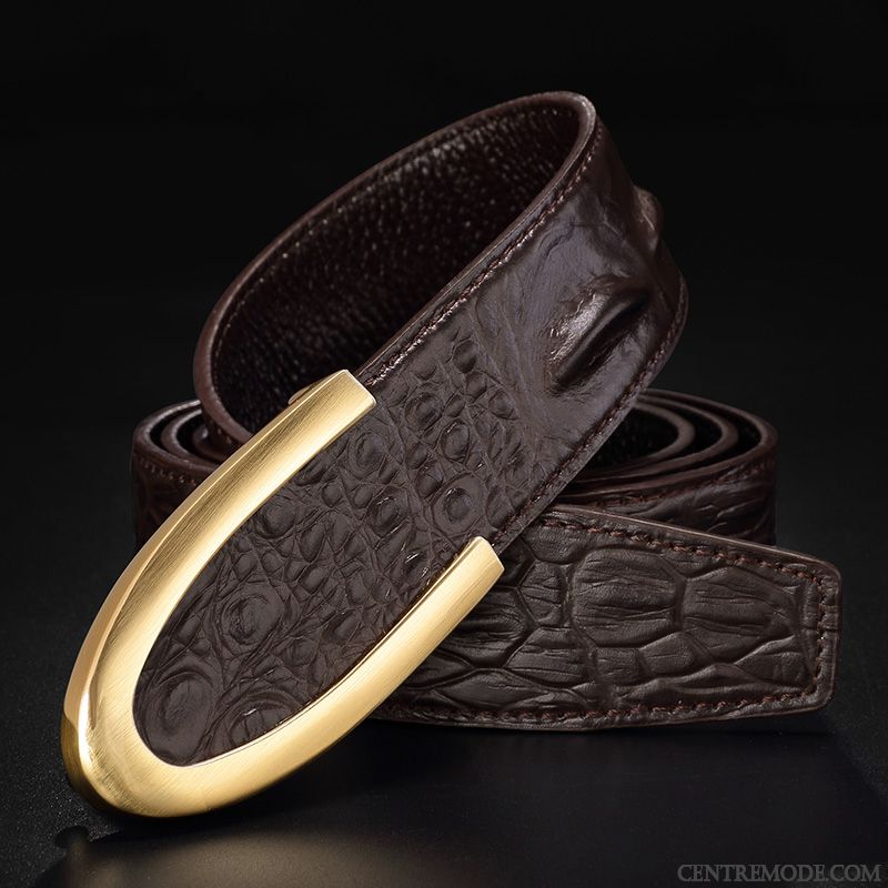 Ceinture Homme Cuir Véritable Lettre Jeune Crocodile Modèle Lisse Personnalité Noir Brun