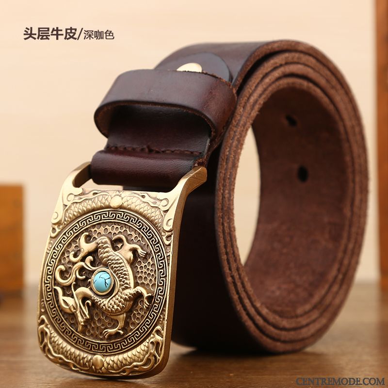 Ceinture Homme Jeunesse Cuir De Vache Loisir Mode Rétro Cuir Véritable Brun