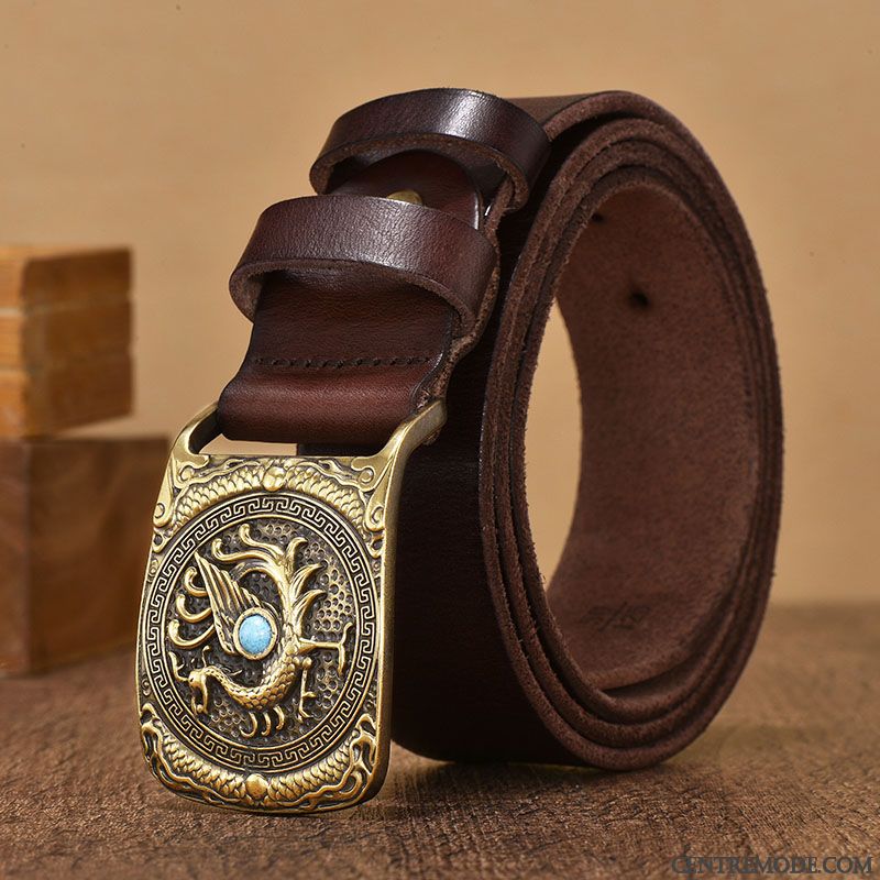 Ceinture Homme Jeunesse Cuir De Vache Loisir Mode Rétro Cuir Véritable Brun