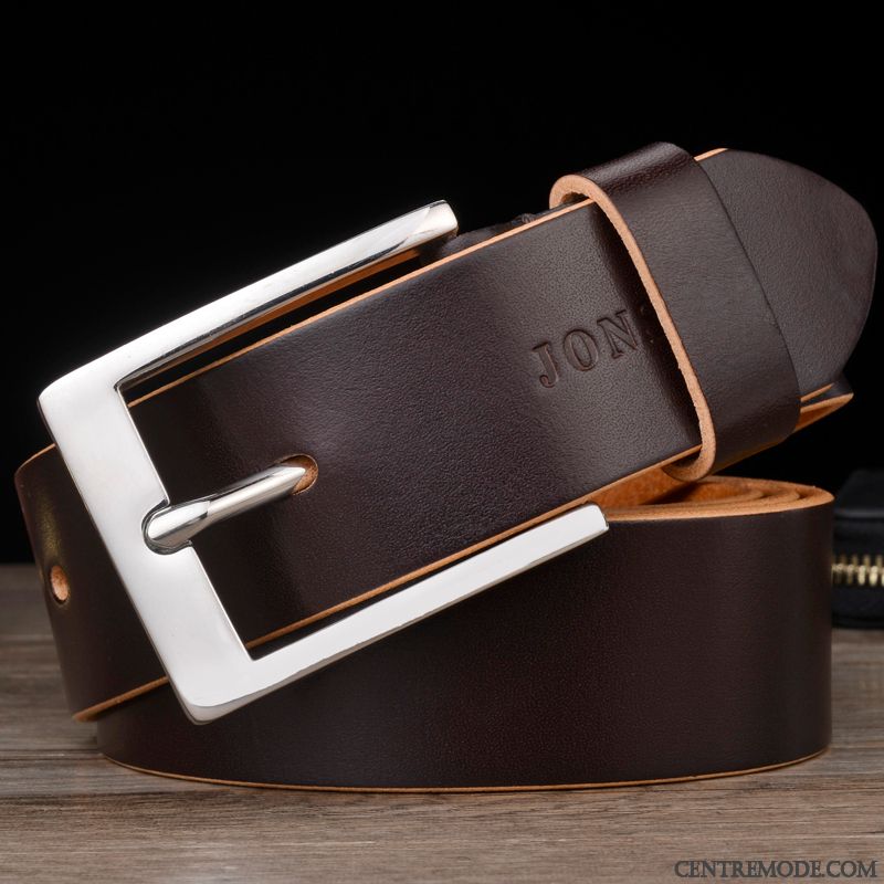 Ceinture Homme Loisir Cuir Véritable Cuir De Vache Pure Boucle Manuel Foncé