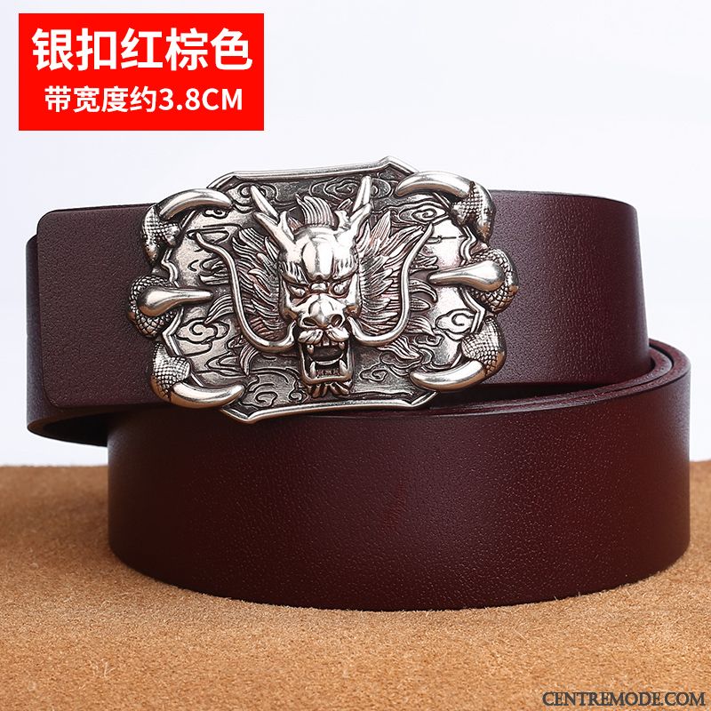 Ceinture Homme Manuel All-match Entreprise Personnalité Jeunesse Cuir De Vache Marron Argent