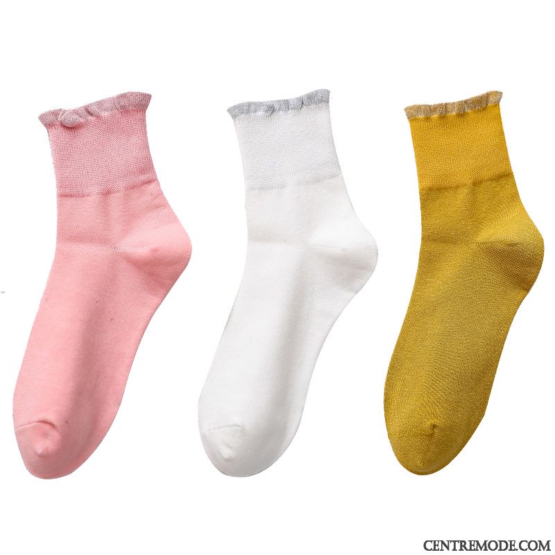 Chaussette Femme Milieu L'automne Dentelle Hiver Mince Coton Jaune