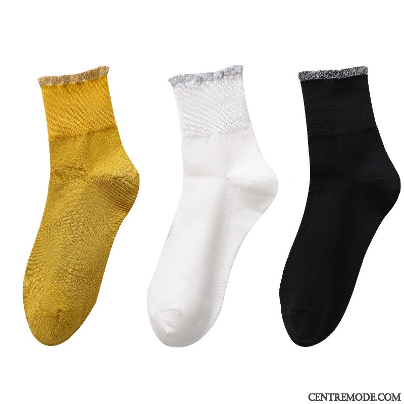 Chaussette Femme Milieu L'automne Dentelle Hiver Mince Coton Jaune