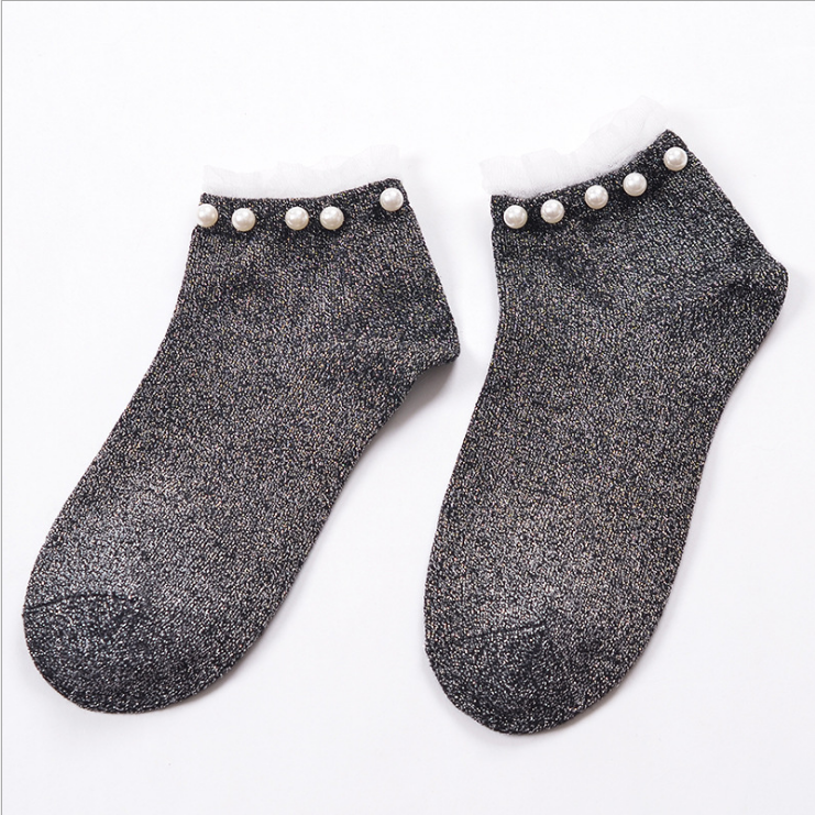 Chaussette Femme Printemps Dentelle Section Mince Charmant Chaussette Basse Coupée Perle Gris