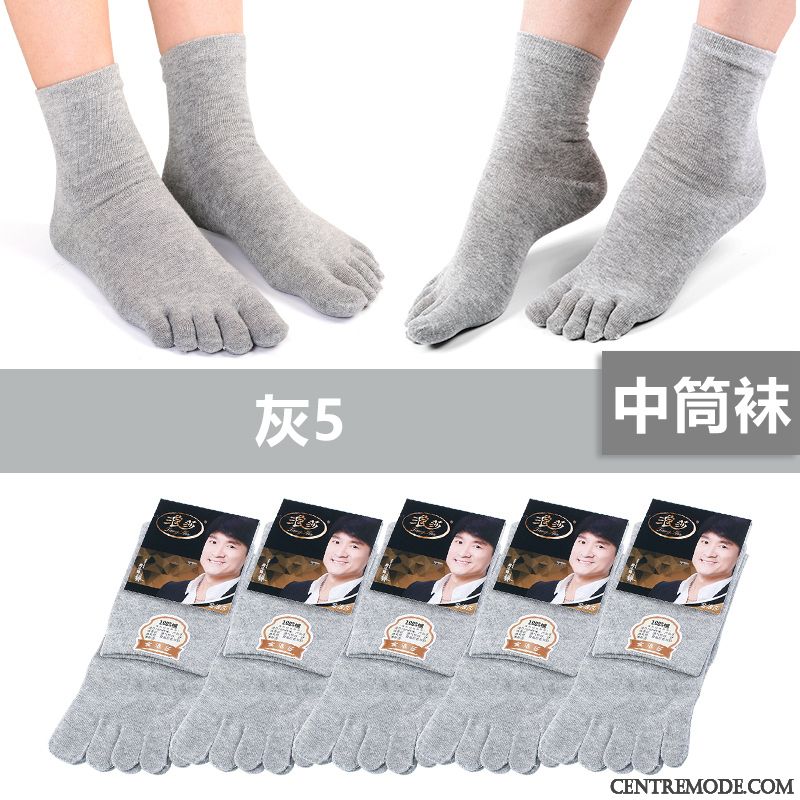 Chaussette Homme 100% Coton Cinq Doigts Tendance Chaussettes En Coton Quatre Saisons Anti-odeur Gris