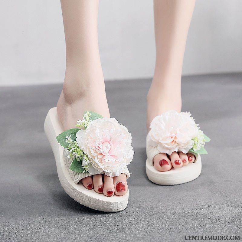 Chaussons Femme Fleurs Talon Moyen Plage Tongs Chaussons Talons Compensés Semelle Épaisse Rouge