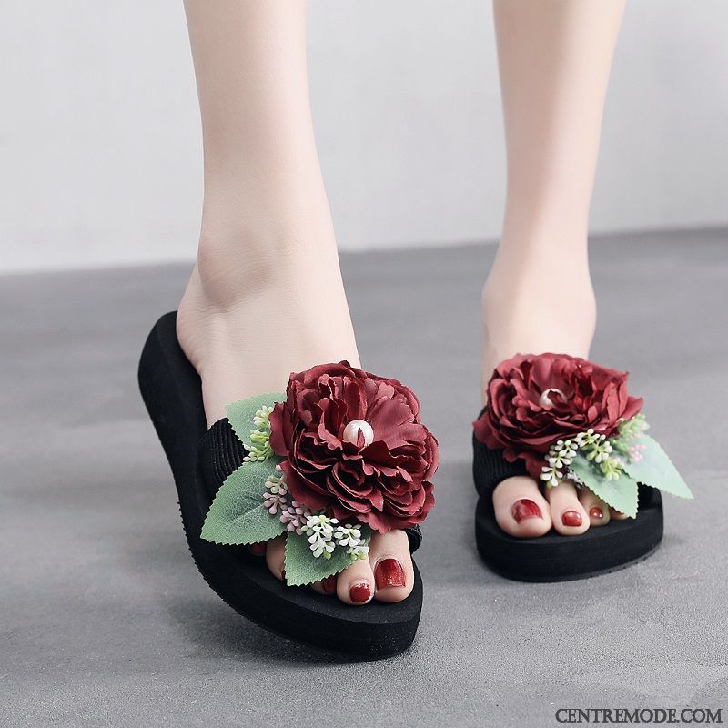 Chaussons Femme Fleurs Talon Moyen Plage Tongs Chaussons Talons Compensés Semelle Épaisse Rouge