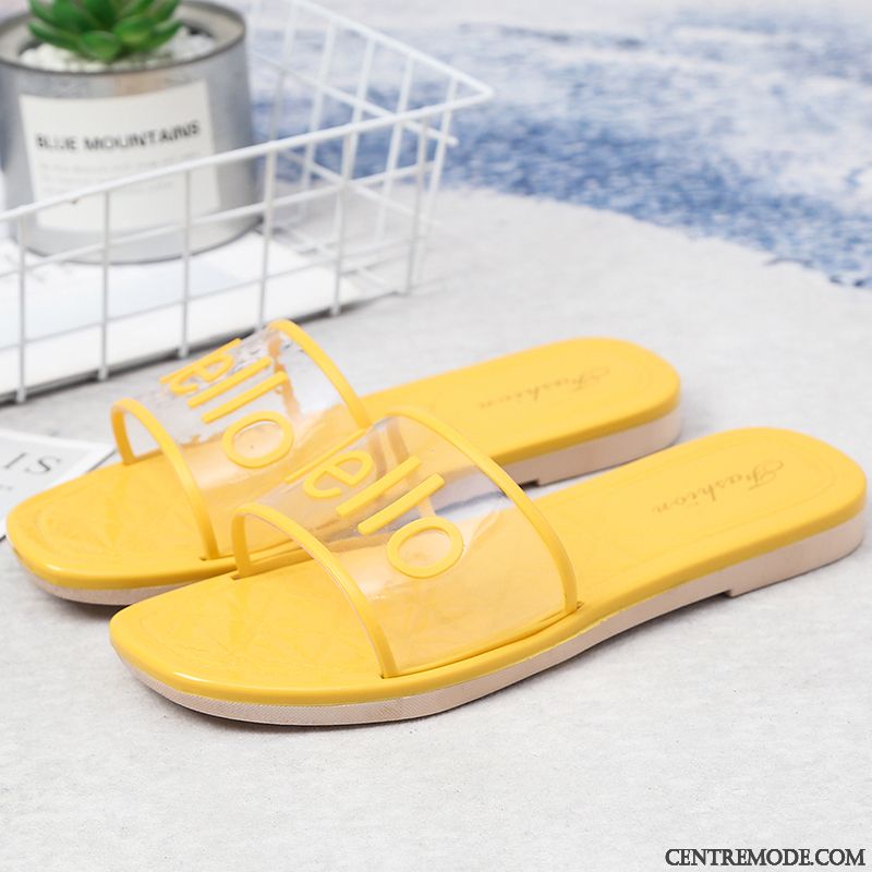 Chaussons Femme Été Cristal Personnalité Plage Tongs Chaussons Mesh Rouge Jaune