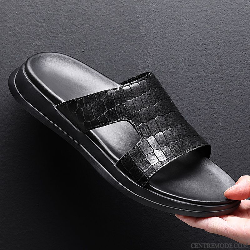 Chaussons Homme Cuir Véritable Antidérapant Été Tongs Chaussons Tendance Outwear Blanc
