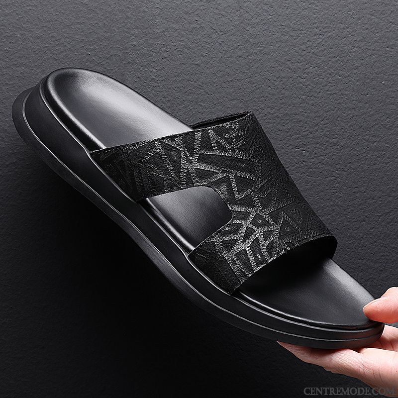 Chaussons Homme Cuir Véritable Antidérapant Été Tongs Chaussons Tendance Outwear Blanc