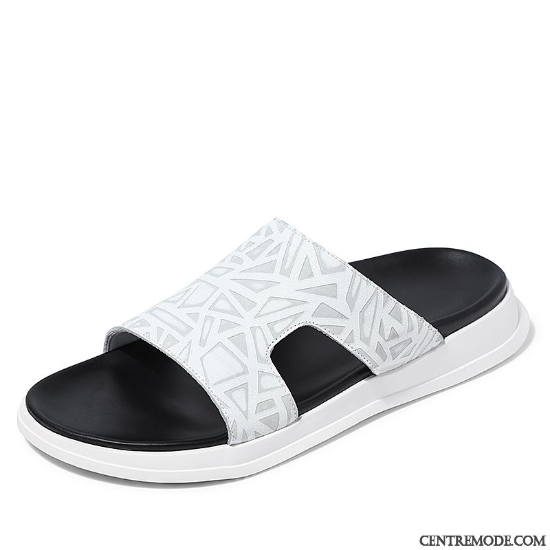 Chaussons Homme Cuir Véritable Antidérapant Été Tongs Chaussons Tendance Outwear Blanc