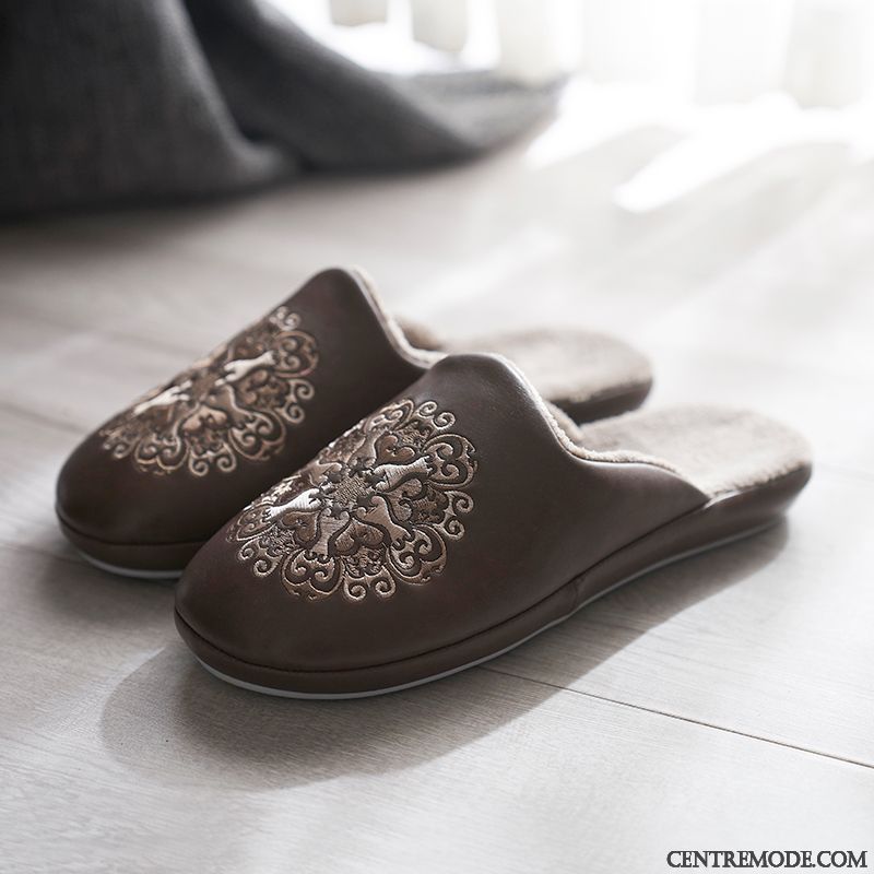 Chaussons Homme De Maison Chauds Tongs Chaussons Matelassé En Cuir Imperméable