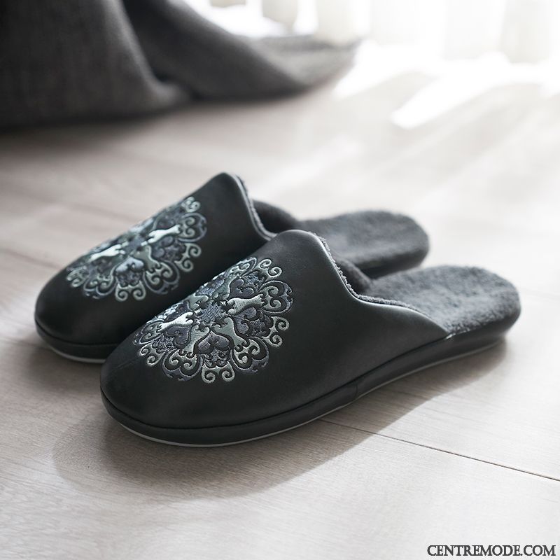 Chaussons Homme De Maison Chauds Tongs Chaussons Matelassé En Cuir Imperméable