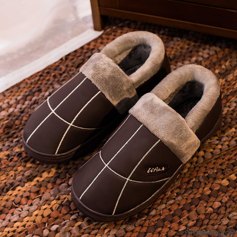 Chaussons Homme Imperméable Plus De Velours Femme En Cuir Intérieur Matelassé Bleu Foncé