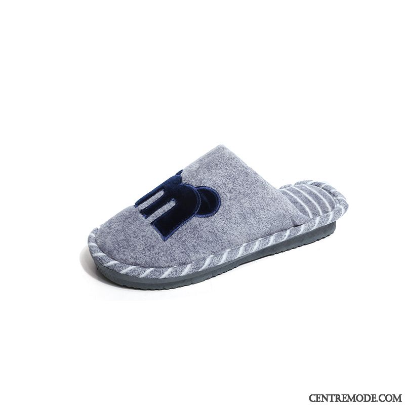 Chaussons Homme Mode De Maison Confortable Tongs Chaussons L'automne Plus De Velours Bleu