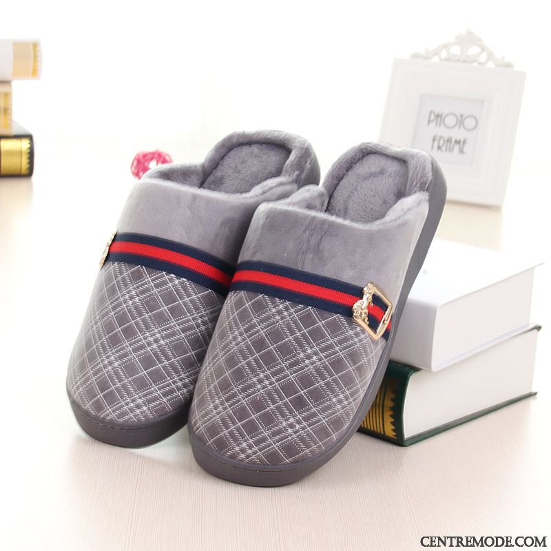 Chaussons Homme Semelle Doux Antidérapant De Maison Chauds Matelassé Intérieur Bleu