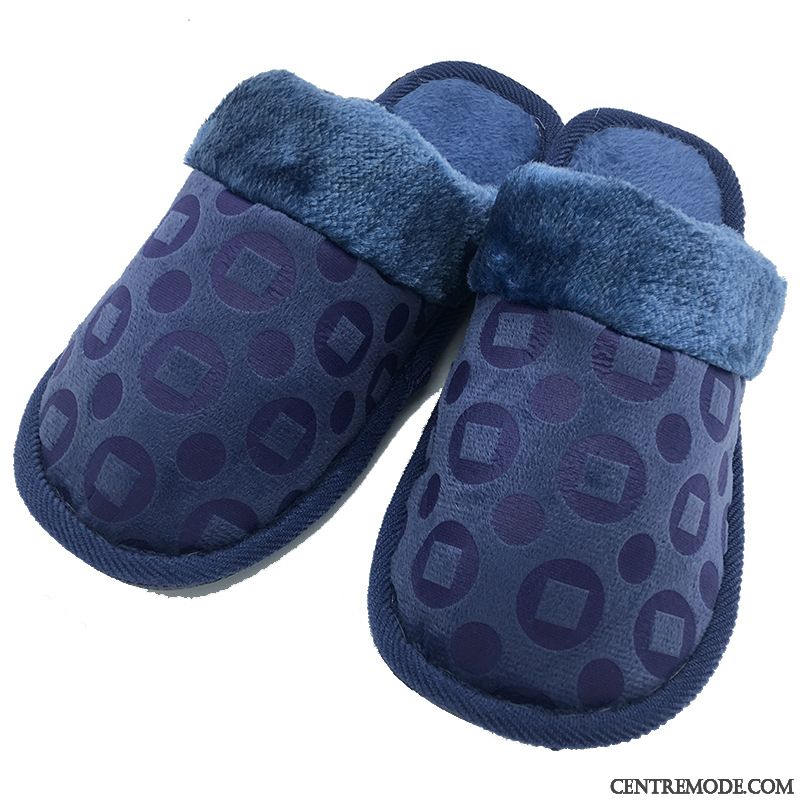 Chaussons Homme Semelle Épaisse Chauds Fantaisie Tongs Chaussons Intérieur Femme Bleu