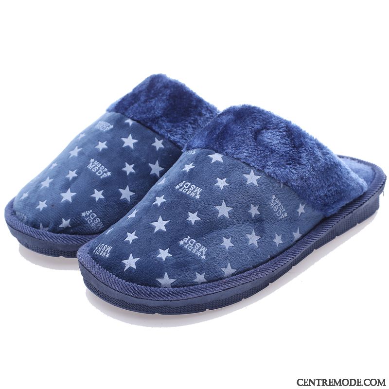 Chaussons Homme Semelle Épaisse Chauds Fantaisie Tongs Chaussons Intérieur Femme Bleu