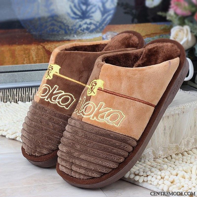 Chaussons Homme Tongs Chaussons Semelle Épaisse Hiver Grande Taille Matelassé Extra Large Marron
