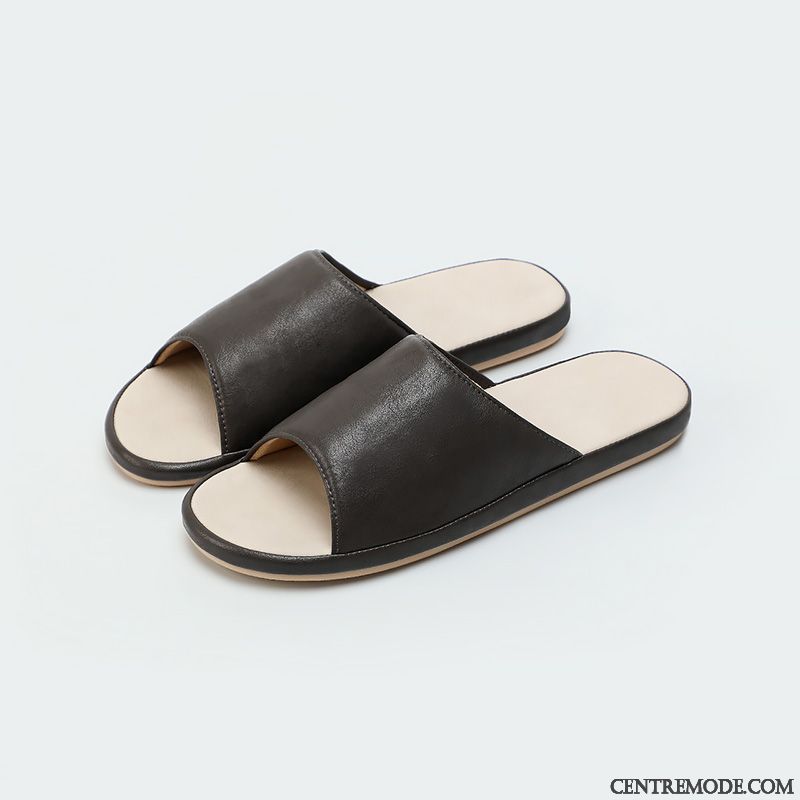 Chaussons Homme Été Femme Intérieur En Cuir Tongs Chaussons De Maison Noir
