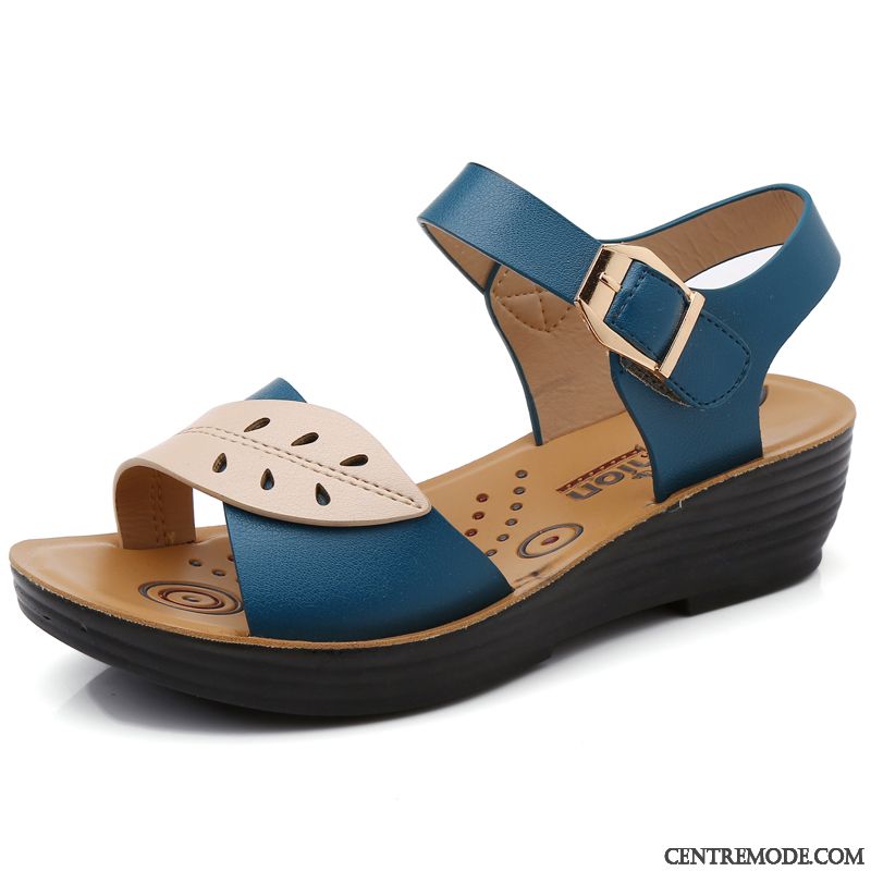 Chaussures Sandales Cuir Bleu Cobalt Gris Fumé, Chaussures Confort Femme Pas Cher