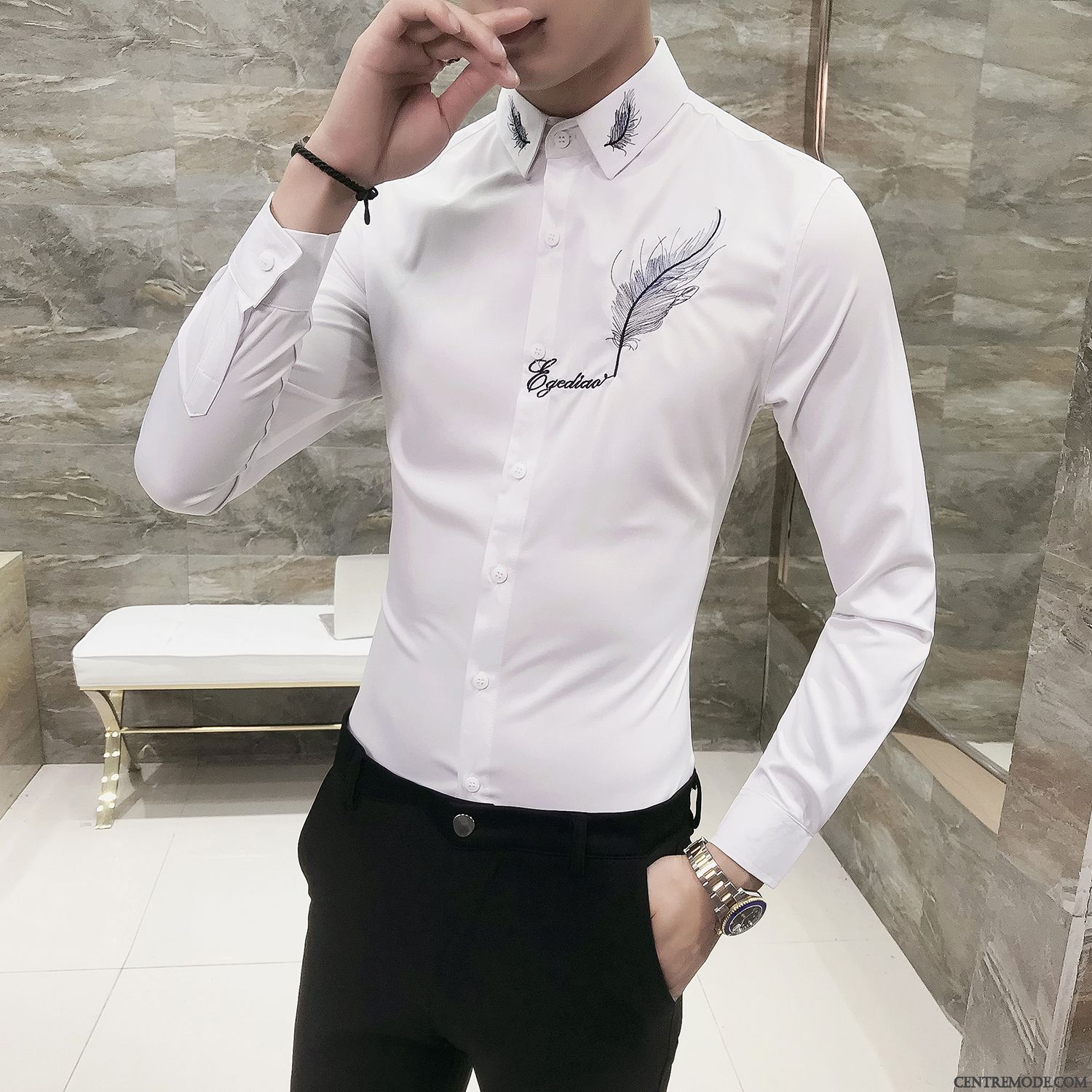 Chemise Homme Tendance Pas Cher, Chemises Hommes Manches Courtes Grandes Marques Bleu Marin Argent