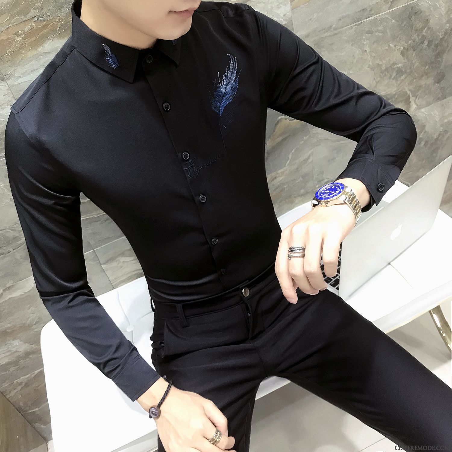 Chemise Homme Tendance Pas Cher, Chemises Hommes Manches Courtes Grandes Marques Bleu Marin Argent
