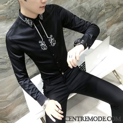 Chemise Homme Tendance Pas Cher, Chemises Hommes Manches Courtes Grandes Marques Bleu Marin Argent