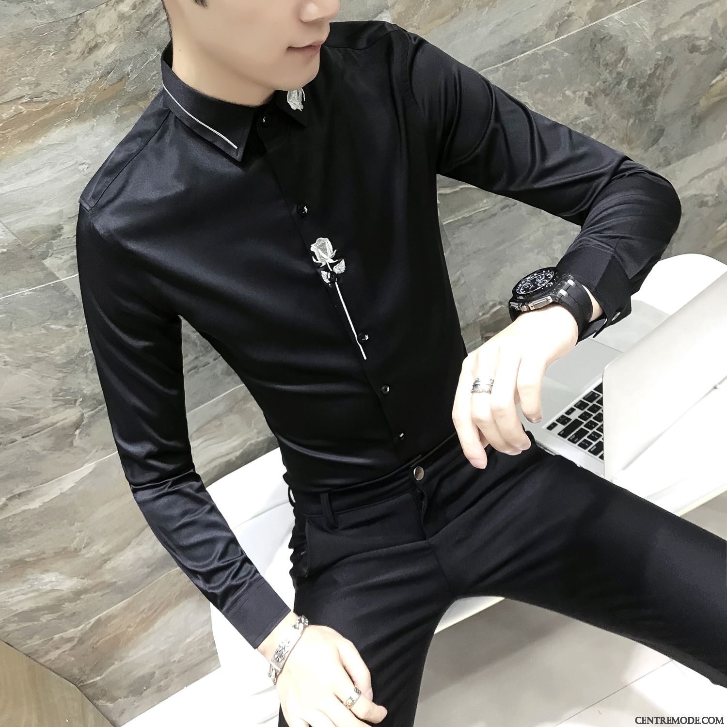 Chemise Homme Tendance Pas Cher, Chemises Hommes Manches Courtes Grandes Marques Bleu Marin Argent