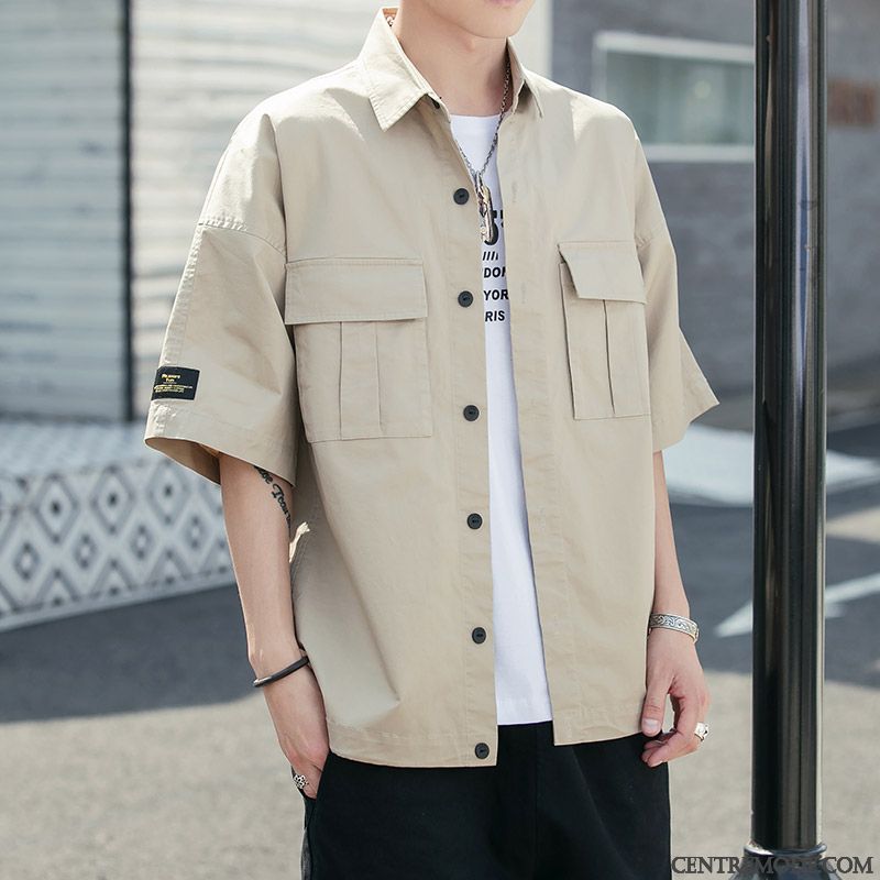 Chemises Homme Baggy Cargo Été Courte Manche Beau Rouge Vert