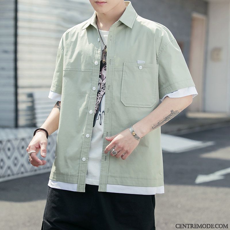 Chemises Homme Baggy Cargo Été Courte Manche Beau Rouge Vert