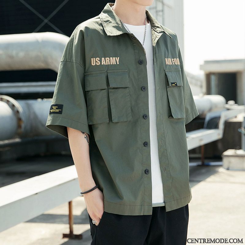 Chemises Homme Baggy Cargo Été Courte Manche Beau Rouge Vert