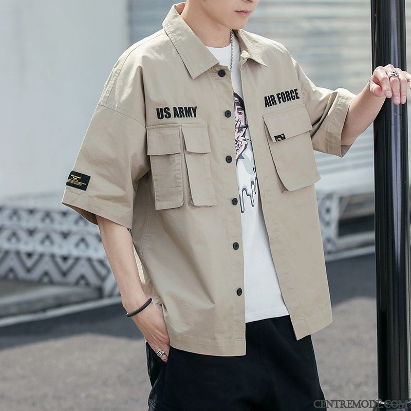 Chemises Homme Baggy Cargo Été Courte Manche Beau Rouge Vert