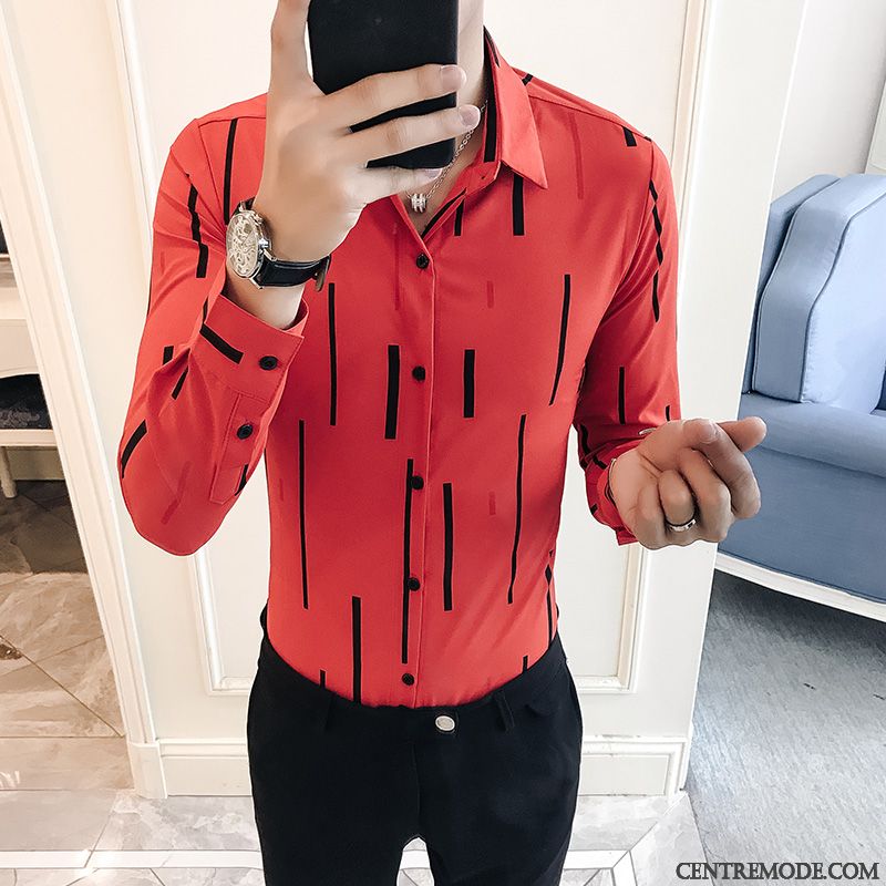 Chemises Homme Beau Personnalité Rayé Jeunesse Slim Longues Impression Blanc