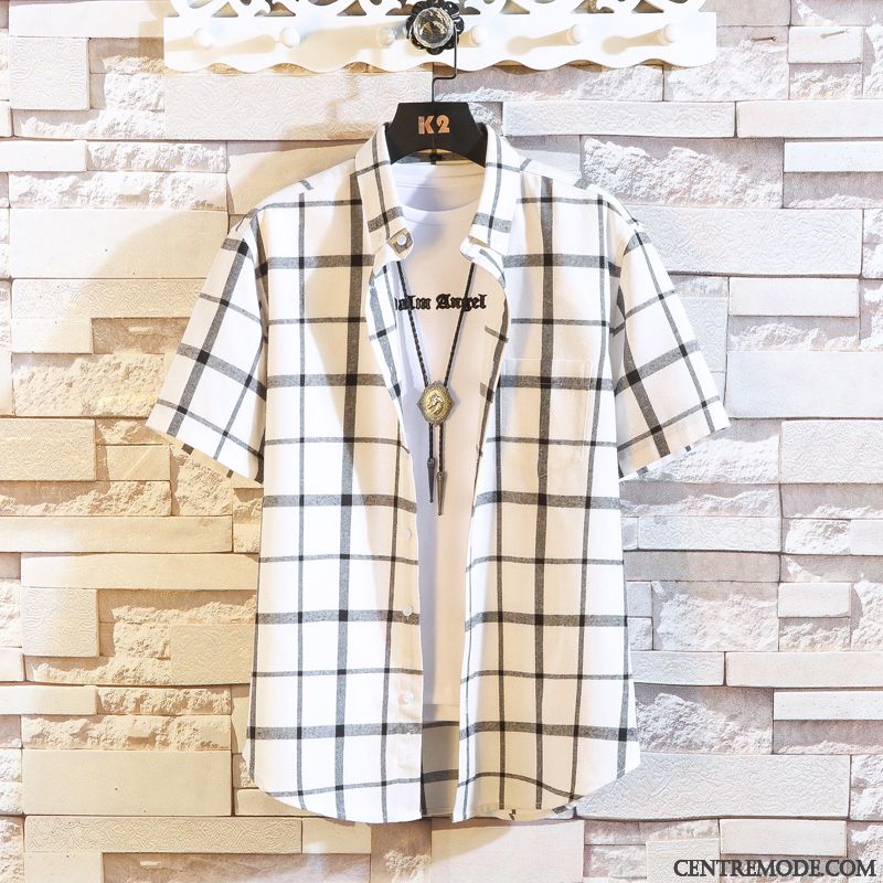 Chemises Homme Carreaux Été Les Adolescents Tendance Chemisette Demi Manche Blanc Violet