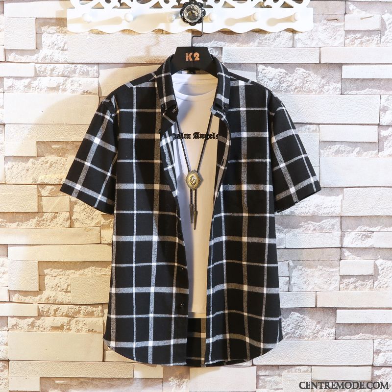 Chemises Homme Carreaux Été Les Adolescents Tendance Chemisette Demi Manche Blanc Violet