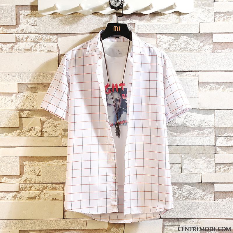 Chemises Homme Carreaux Été Les Adolescents Tendance Chemisette Demi Manche Blanc Violet